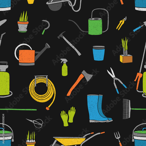 Seamless pattern with hand drawn bright gardening tools, agricultural equipme...
