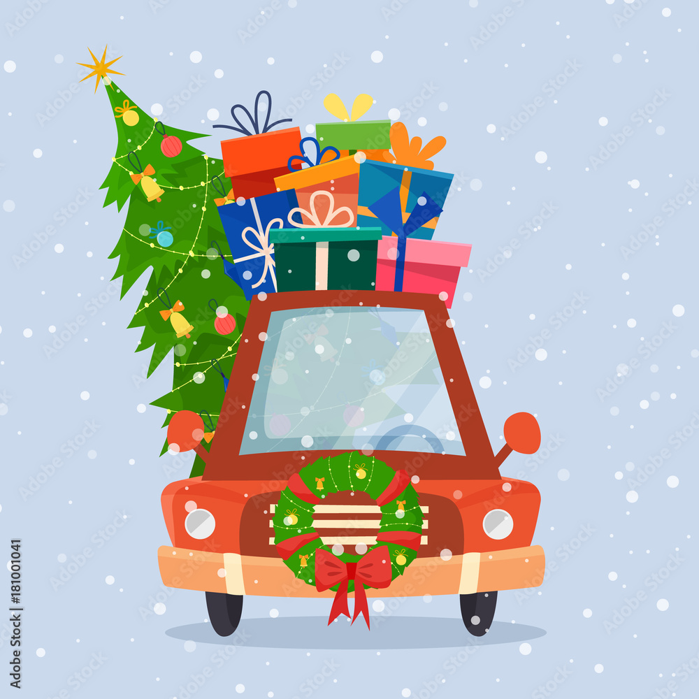 Naklejka premium Chrismas car with gifts, tree and decorations.