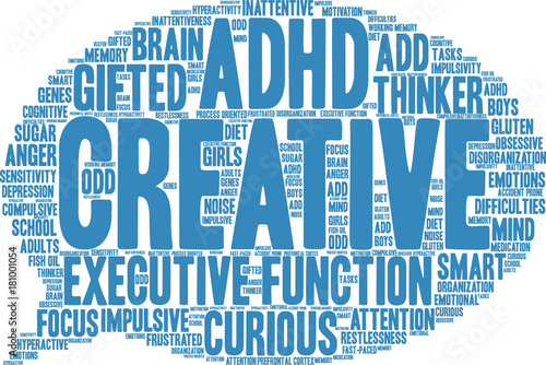 Creative ADHD Word Cloud on a white background. 