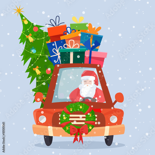 Chrismas car with gifts, tree and decorations.