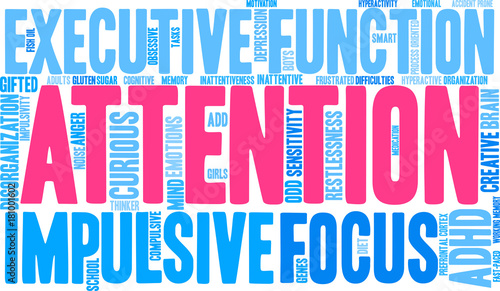 Attention ADHD Word Cloud on a white background. 
