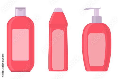 Set of cosmetic bottles in flat style. Soap, shampoo, lotion pink bottles. Vector illustration.