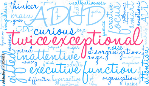 Twice Exceptional ADHD Word Cloud on a white background. 