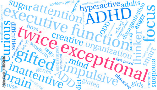 Twice Exceptional ADHD Word Cloud on a white background. 