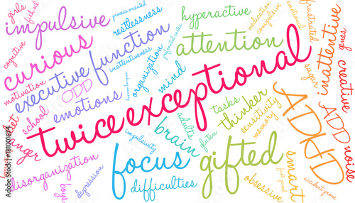 Twice Exceptional ADHD Word Cloud on a white background. 