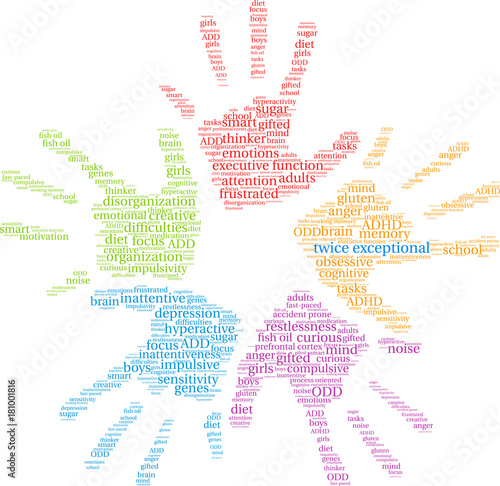 Twice Exceptional ADHD Word Cloud on a white background. 