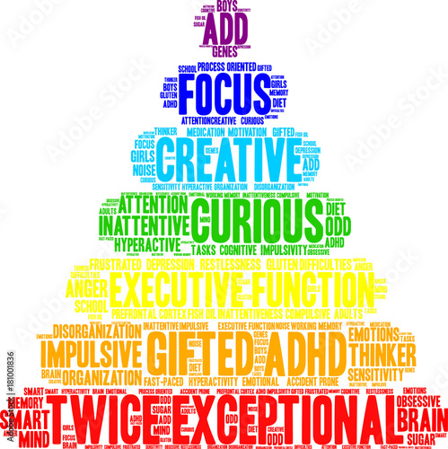 Twice Exceptional ADHD Word Cloud on a white background. 