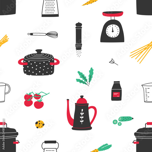 Seamless pattern with hand drawn kitchen utensils on white background