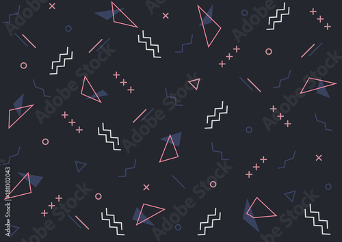 Memphis pattern on dark background. Geometric abstract background, white, pink, blue colors. Colorful background