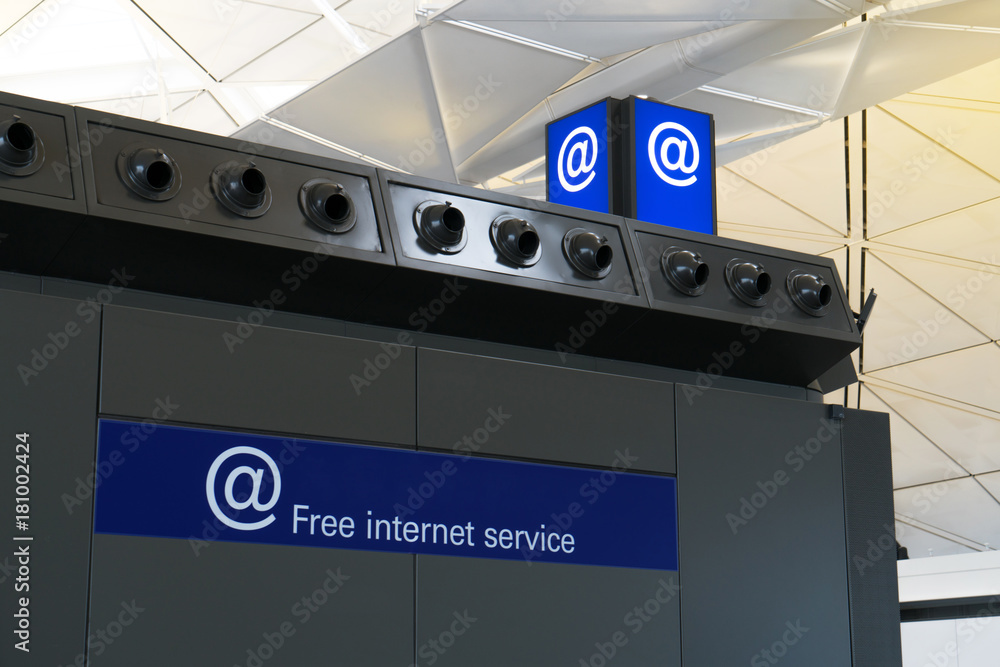 Fototapeta premium Free internet service corner provide for passenger or traveler in Airport. At sign for free internet or free WiFi.