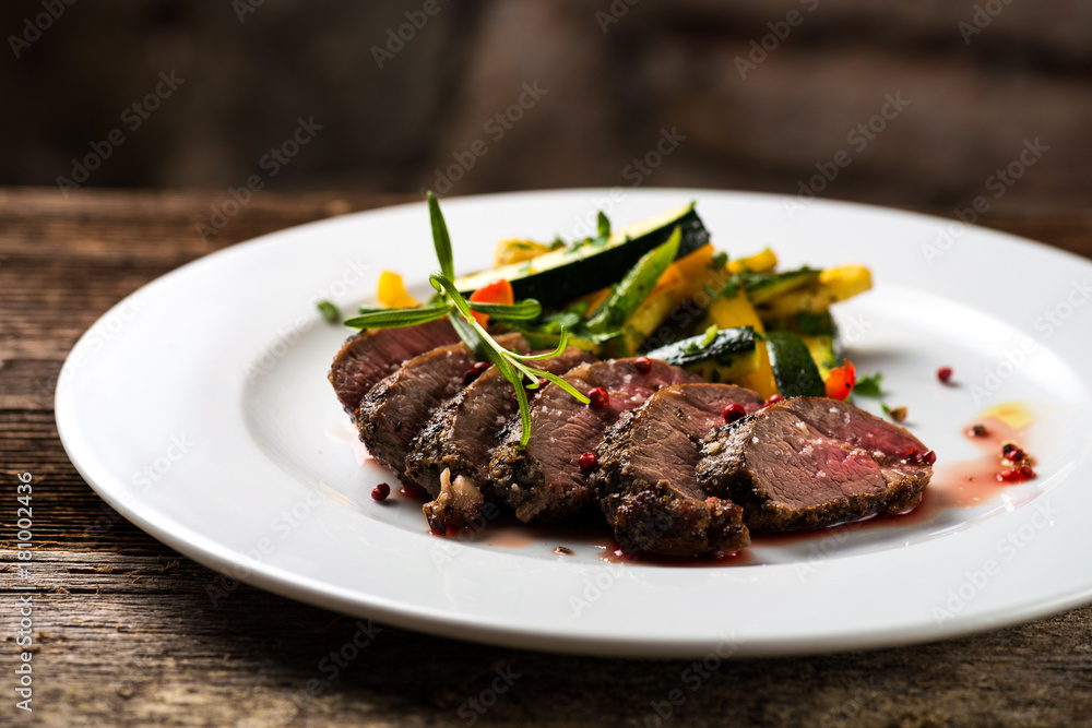 Fine dining, roasted steaks with vegetable