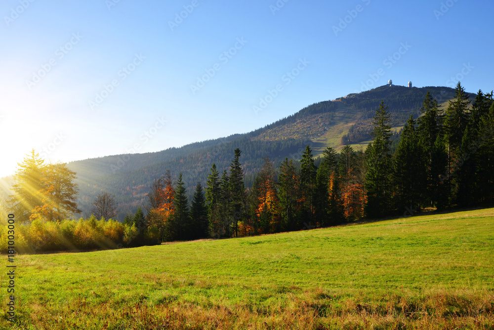 Autumn landscape in Bavarian Forest National Park. View of the mountain peak Grosser Arber, Germany, Europe. 