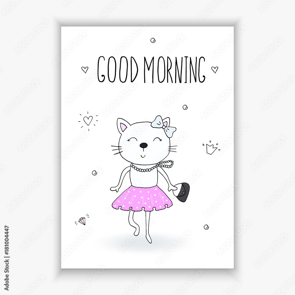 Funny Cartoon vector cat print. good morning card Stock Vector | Adobe Stock