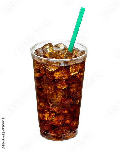 Cola glass with crushed ice in large or big takeaway disposable cup isolated on white background 