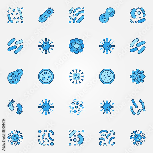 Bacteria colorful icons set. Vector microbe and virus blue signs