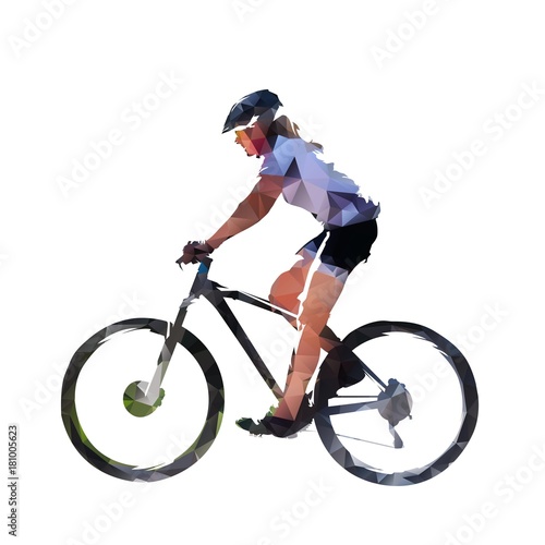 Woman riding mountain bike, low poly isolated vector illustration. Mountain bike cycling