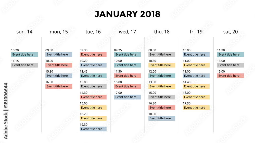Calendar infographic, table chart, presentation chart. Business period concept. Task manager. Day, week, month. 2018 year. Time management. Organizer date diary. First day Sunday.