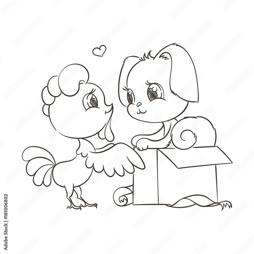 Obraz premium Funny cartoon card with dog and rooster. Symbols of 2017 and 2018. Happy New Year illustration
