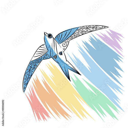 Hand drawn illustration with patterned swift and rainbow.