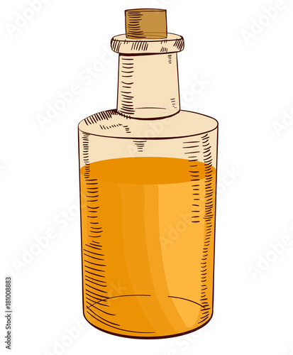 Hand drawn bottle with oil. VECTOR illustration. Yellow-orange