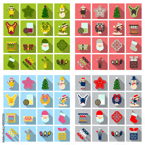 Set of winter New Year and Christmas icons in flat style with shadow photo