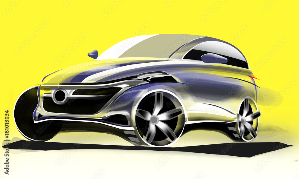 Design extorior dynamics sport car with drawing brush colour painting. Vehicle with air lights lines and in the luxorious curves..