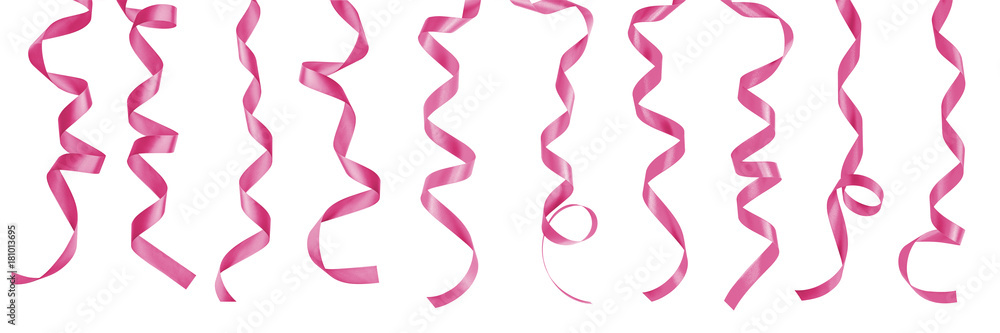 Pink satin ribbon scroll set isolated on white background with clipping path for Christmas and wedding card design decoration element Pink satin ribbon scroll set isolated on white background with clipping path for Christmas and wedding card design decoration element