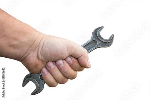 Wrench in male hand isolated on white background