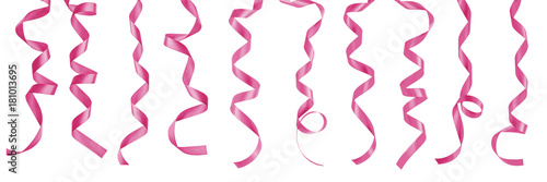 Pink satin ribbon scroll set isolated on white background with clipping path for Christmas and wedding card design decoration element