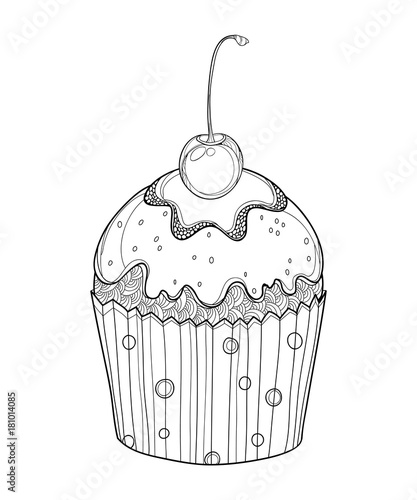 Vector outline cupcake with Cherry ripe berry in black isolated on white background. Drawing of cake with cherry fruit in contour style for summer, sweet food design or bakery and coloring book.