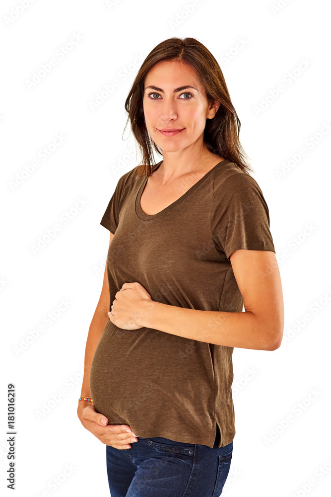 Confident pregnant woman standing on white Confident pregnant woman standing on white