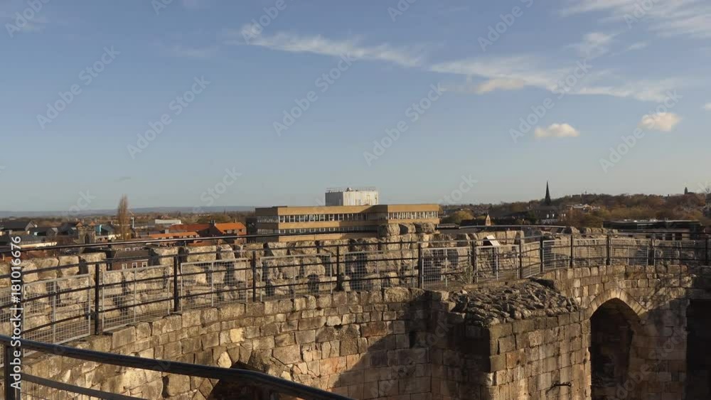 Panning shot from top of old wall of English city of York Panning shot from top of old wall of English city of York