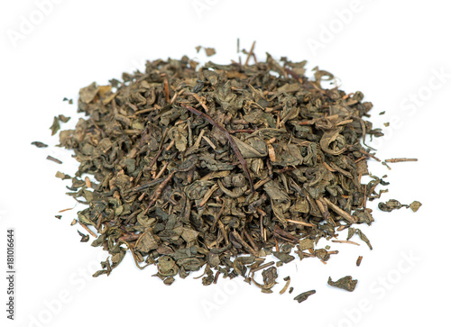 Heap of green tea leaves isolated on white