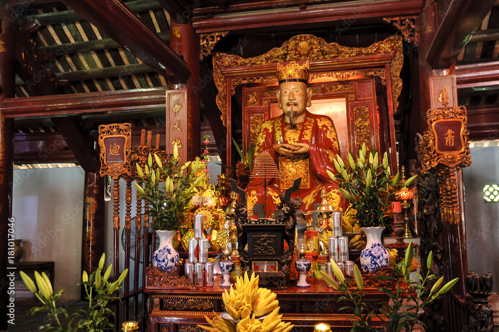 altar of a pagoda inside the temple of the literature, ancient university, in Hanoi, Vietnam.