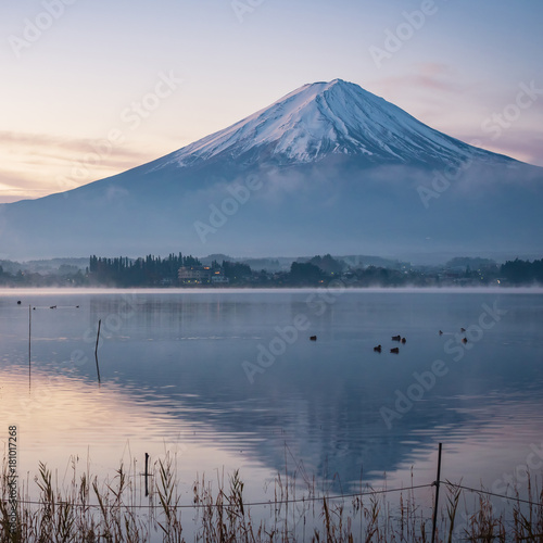 motion blur from group of duck foreground with sunrise landscape view from kawaguchi lake with sky and fuji mountain background from japan © tickcharoen04