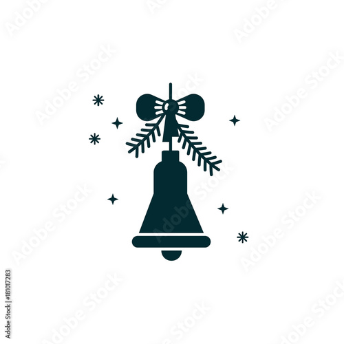 Hanging Christmas jingle bell with bow and pine branches. New Year black icon of house decoration. Noel ornament vector black silhouette.