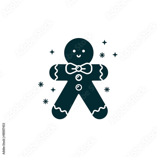 Fototapeta Naklejka Na Ścianę i Meble -  Gingerbread man black silhouette icon on isolated background. Vector illustration of bisquit for seasonal holidays. Christmas character design - ginger bread cookie with smiley face.
