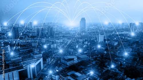 Business networking connection concept and Wi-Fi in city. Technology communication, The wireless communication , High Speed Internet , Optical fiber , Background blur building in the capital photo