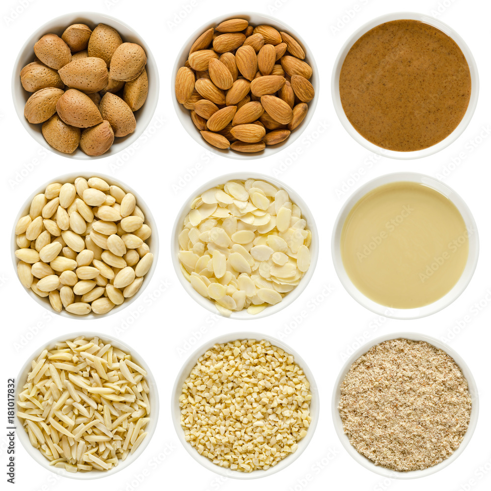 Almonds in white bowls. Whole nuts with shells, shelled, blanched, chopped, slivered, sliced, ground, brown and white almond butter. Prunus dulcis. Macro photo close up from above on white background. Almonds in white bowls. Whole nuts with shells, shelled, blanched, chopped, slivered, sliced, ground, brown and white almond butter. Prunus dulcis. Macro photo close up from above on white background.