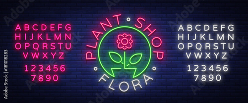 Flower shop, Plants, Florist, Flora emblem, sign, neon logo. Template design element business, vivid advertising related to flower delivery, gardening florist. Editing text neon sign. Neon alphabet