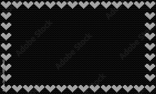  harcoal black fabric knitted background framed with knit white hearts. Vector illustration, template, poster with space for text. photo