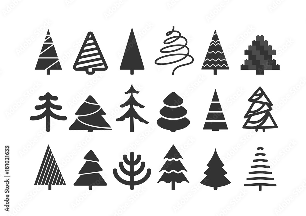 Different christmas tree silhouettes isolated on white. Xmas tree set