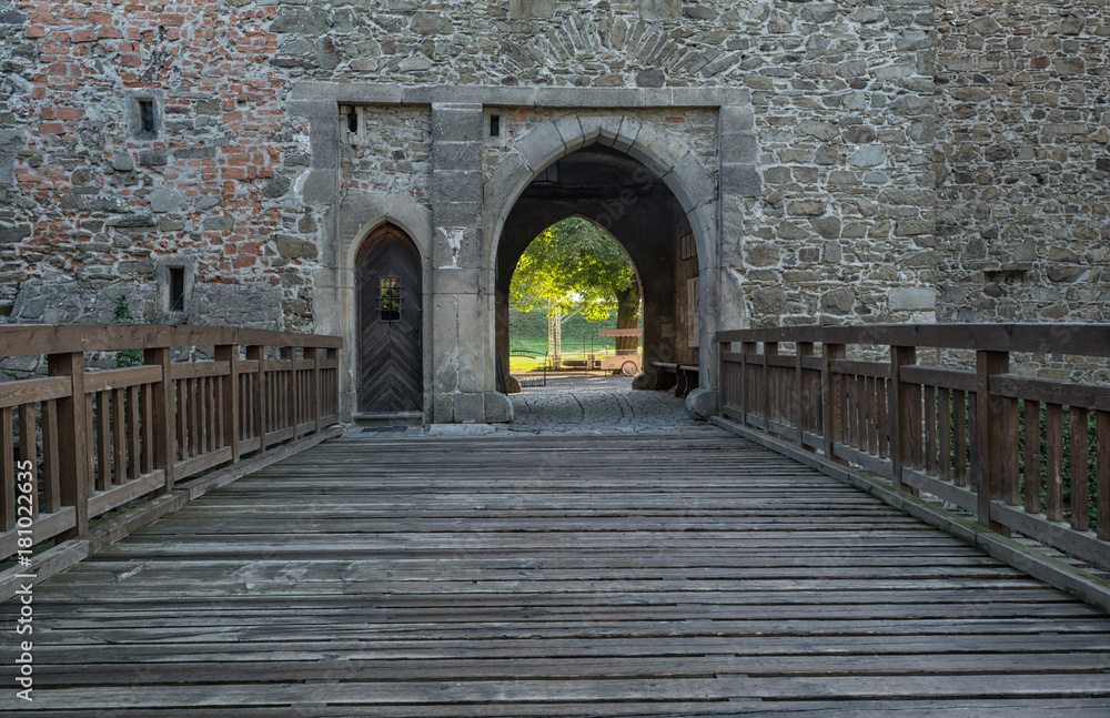 Castle with gothic gate and wooden bridge, Helfstyn, Czech Republic