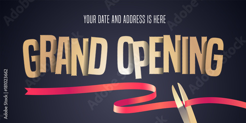 Grand opening vector illustration, background with cut out golden sign and scissors cutting red ribbon