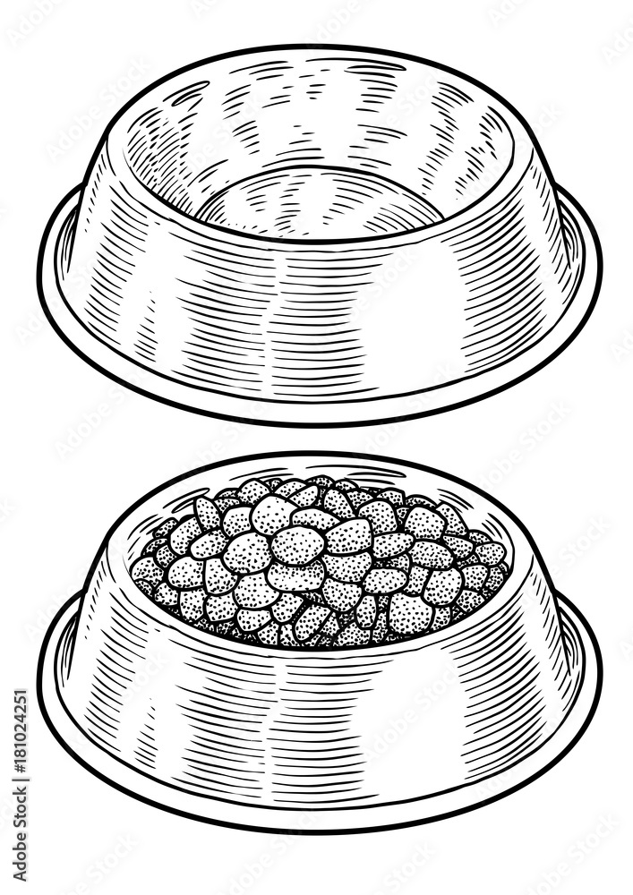 Dog, cat food in bowl illustration, drawing, engraving, ink, line art