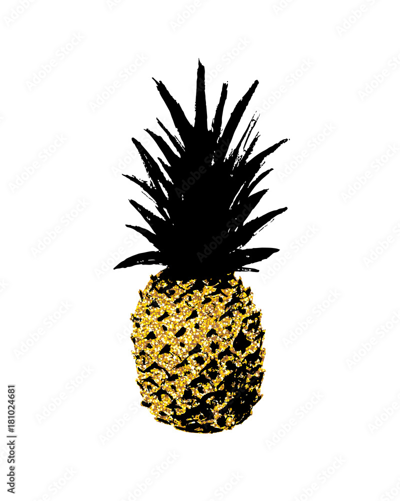 Obraz premium Stylish hand drawn grunge pineapple vector print with golden glitter texture