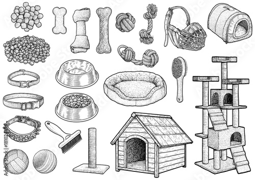 Pet toy collection illustration, drawing, engraving, ink, line art, vector