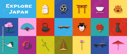 Canvas Print Set of icons with Japanese landmarks, architecture, food in vector