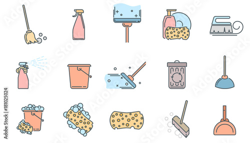 Set of cleaning service flat icons and symbols on white background. Color icons with contour.