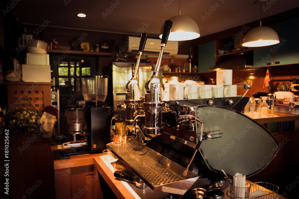 Wide shot of coffee machine in coffee shop, cafeteria, services concept, warm filter Wide shot of coffee machine in coffee shop, cafeteria, services concept, warm filter